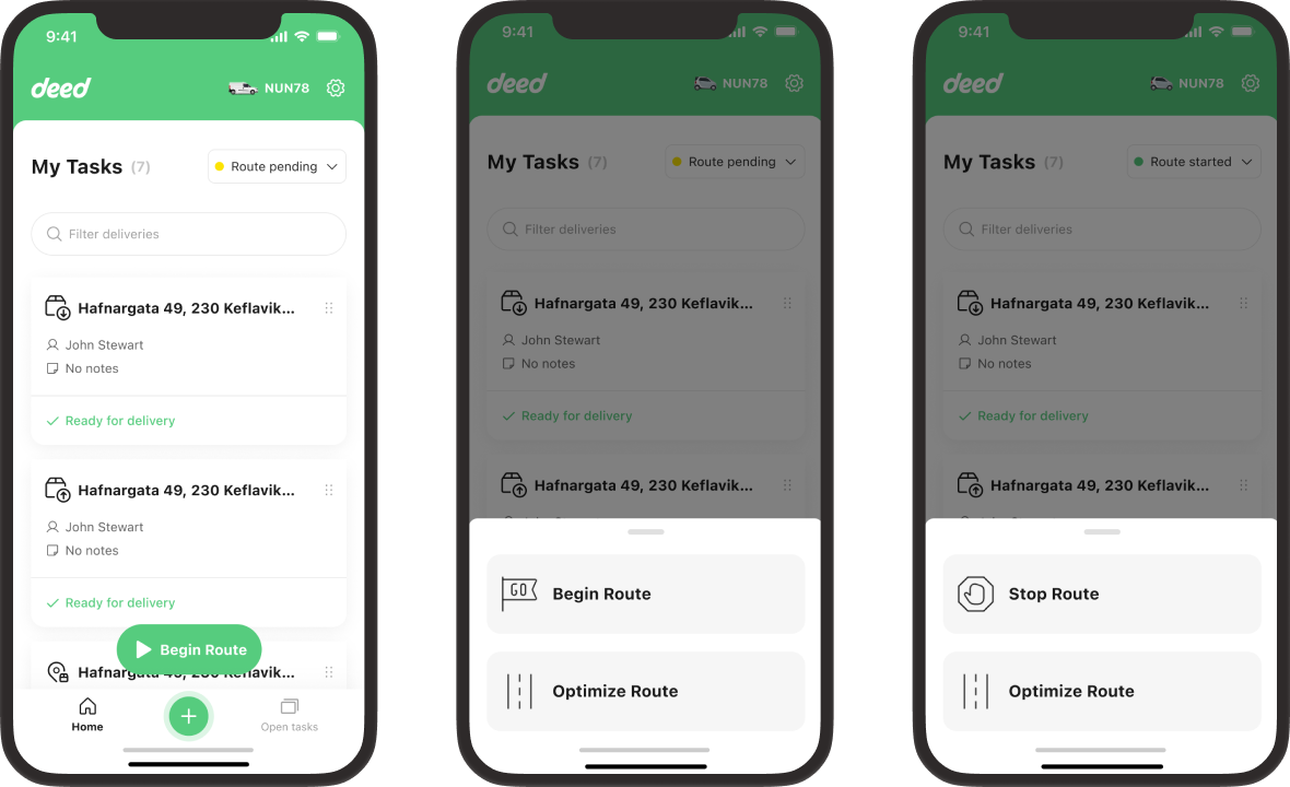 Route management - begin, pending, started